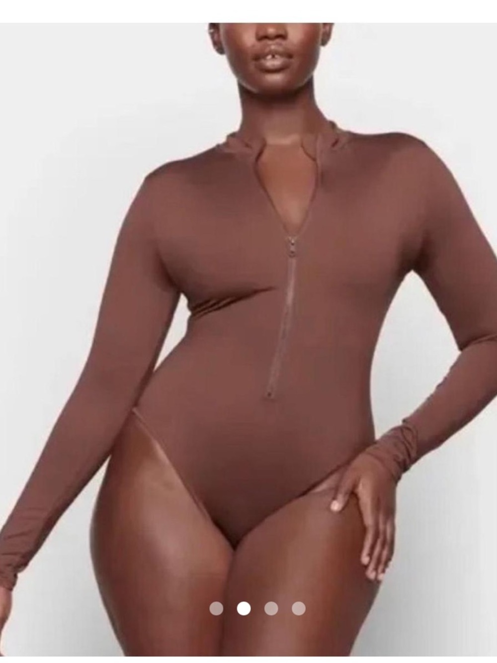SKIMS Disco Long-Sleeve Zip Bodysuit In Cocoa
